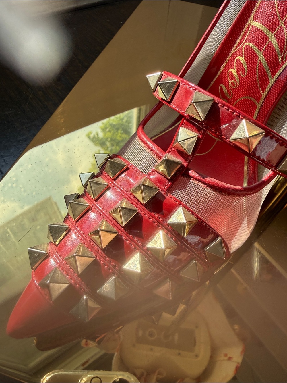 Valentino Garavani red and Gold Studded Pointed-Toe Flats - Picture 11 of 13